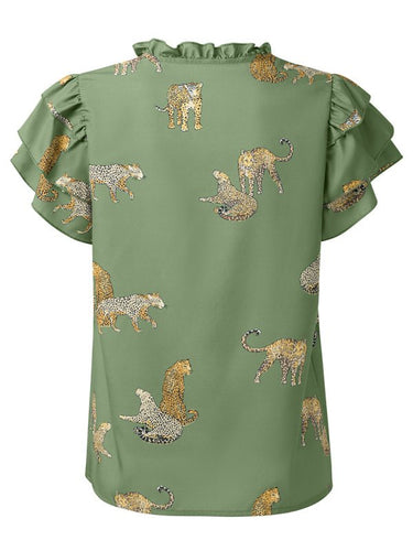 New casual summer V - neck printed ruffle sleeve top - Smooth Visage