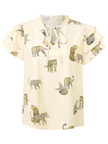 New casual summer V - neck printed ruffle sleeve top - Smooth Visage