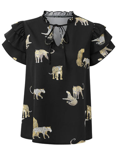 New casual summer V - neck printed ruffle sleeve top - Smooth Visage