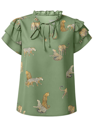 New casual summer V - neck printed ruffle sleeve top - Smooth Visage