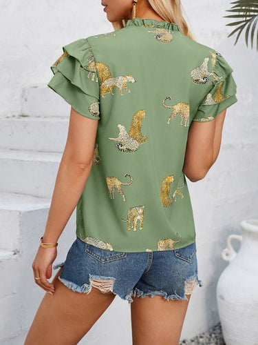 New casual summer V - neck printed ruffle sleeve top - Smooth Visage