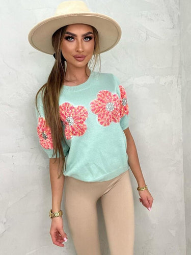 New contrasting flower sweet pink round neck short - sleeved sweater - Smooth Visage