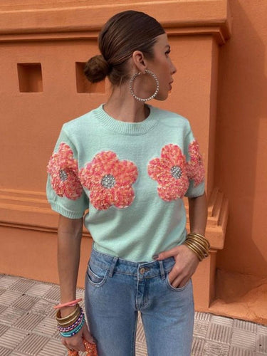 New contrasting flower sweet pink round neck short - sleeved sweater - Smooth Visage