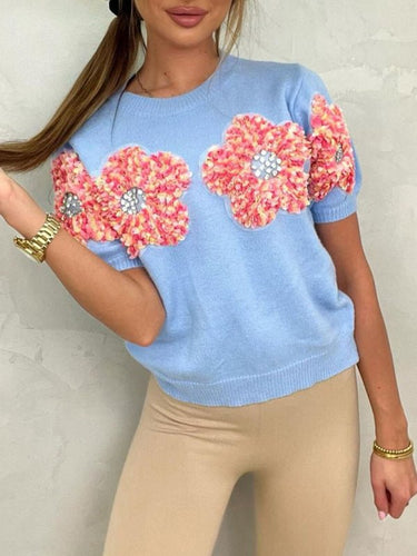New contrasting flower sweet pink round neck short - sleeved sweater - Smooth Visage