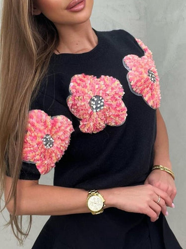 New contrasting flower sweet pink round neck short - sleeved sweater - Smooth Visage