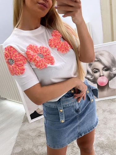 New contrasting flower sweet pink round neck short - sleeved sweater - Smooth Visage