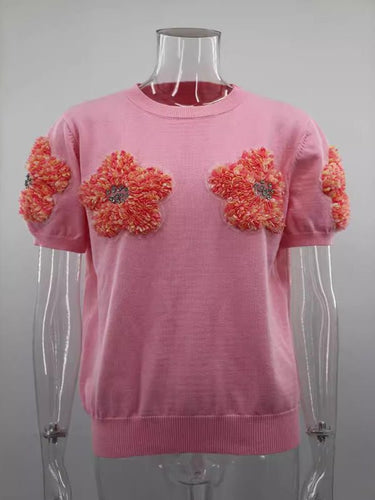 New contrasting flower sweet pink round neck short - sleeved sweater - Smooth Visage