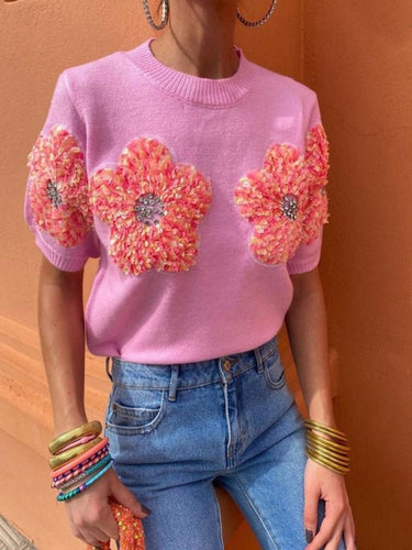 New contrasting flower sweet pink round neck short - sleeved sweater - Smooth Visage