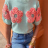 New contrasting flower sweet pink round neck short - sleeved sweater - Smooth Visage