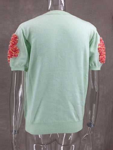 New contrasting flower sweet pink round neck short - sleeved sweater - Smooth Visage