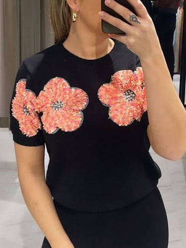 New contrasting flower sweet pink round neck short - sleeved sweater - Smooth Visage