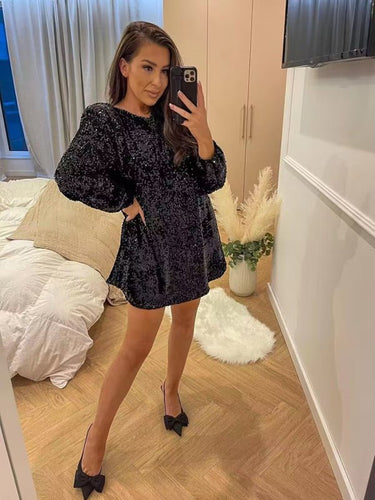 New long - sleeved back bow sequined dress - Smooth Visage