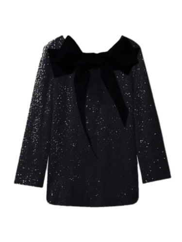 New long - sleeved back bow sequined dress - Smooth Visage
