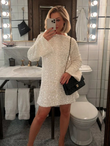 New long - sleeved back bow sequined dress - Smooth Visage