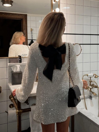 New long - sleeved back bow sequined dress - Smooth Visage