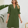 New solid color V - neck loose gathered five - quarter sleeve dress - Smooth Visage