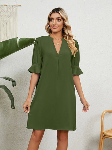 New solid color V - neck loose gathered five - quarter sleeve dress - Smooth Visage