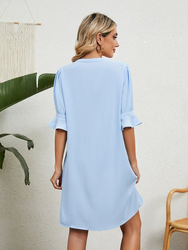 New solid color V - neck loose gathered five - quarter sleeve dress - Smooth Visage