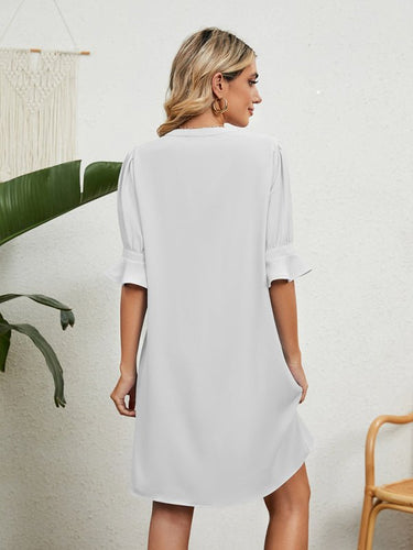New solid color V - neck loose gathered five - quarter sleeve dress - Smooth Visage