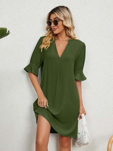New solid color V - neck loose gathered five - quarter sleeve dress - Smooth Visage