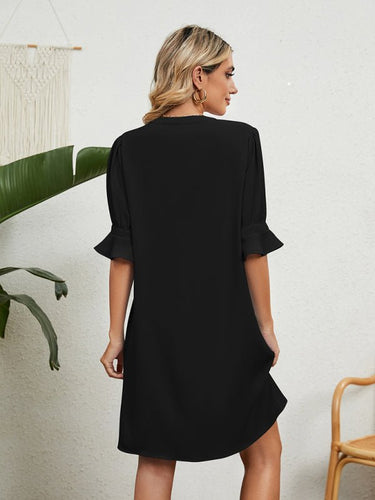 New solid color V - neck loose gathered five - quarter sleeve dress - Smooth Visage