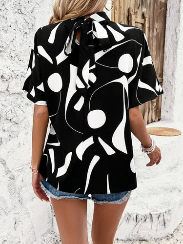 New stand collar casual loose printed short sleeve top - Smooth Visage