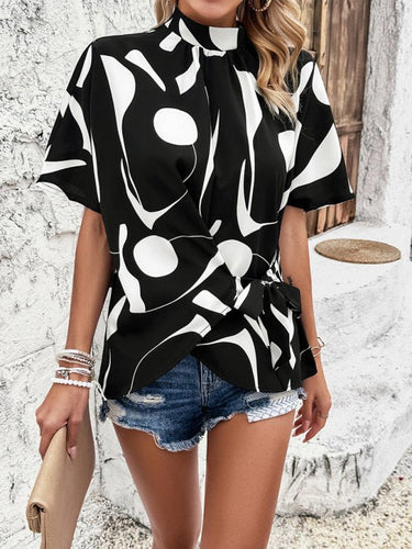 New stand collar casual loose printed short sleeve top - Smooth Visage