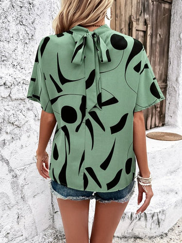 New stand collar casual loose printed short sleeve top - Smooth Visage