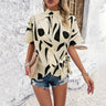 New stand collar casual loose printed short sleeve top - Smooth Visage