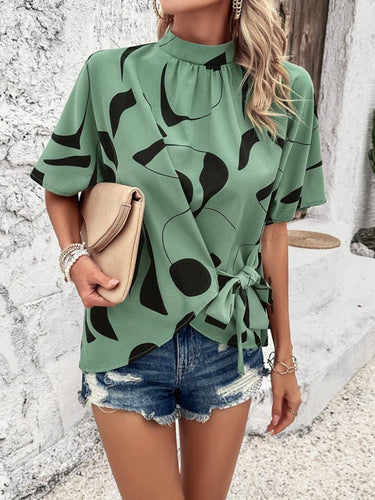 New stand collar casual loose printed short sleeve top - Smooth Visage