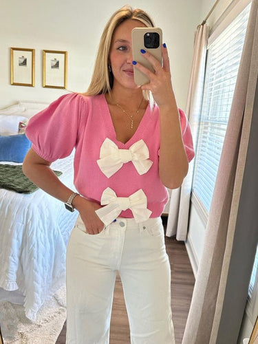 New V - neck short - sleeved personalized double bow solid color sweater - Smooth Visage