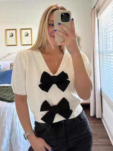 New V - neck short - sleeved personalized double bow solid color sweater - Smooth Visage