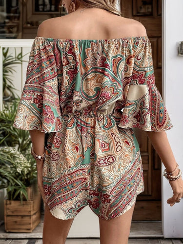 Perfee Printed Off Shoulder Half Sleeve Romper - Smooth Visage