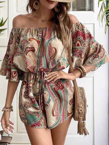 Perfee Printed Off Shoulder Half Sleeve Romper - Smooth Visage
