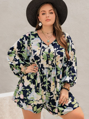 Plus Size Tied Printed Long Sleeve Romper - Smooth Visage
