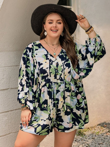 Plus Size Tied Printed Long Sleeve Romper - Smooth Visage