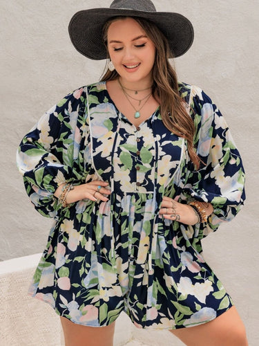 Plus Size Tied Printed Long Sleeve Romper - Smooth Visage