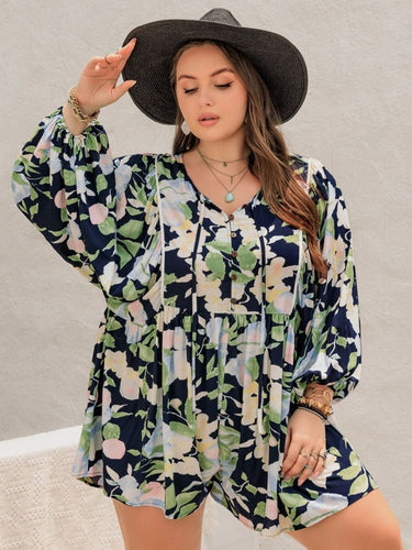 Plus Size Tied Printed Long Sleeve Romper - Smooth Visage