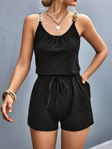 Pocketed Buckle Trim Scoop Neck Romper - Smooth Visage