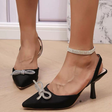 Rhinestone Bow Point Toe Pumps - Smooth Visage