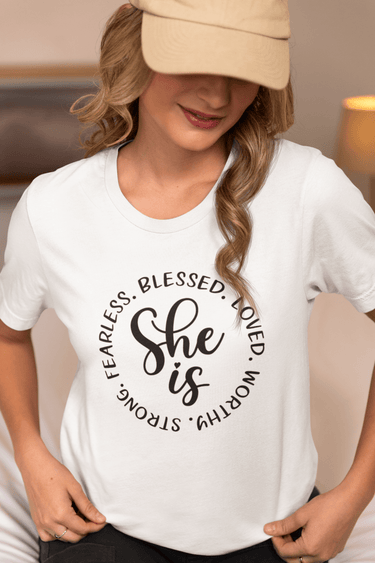 She Is... Strong, Fearless, Blessed & Worthy" Inspirational T-Shirt - Smooth Visage