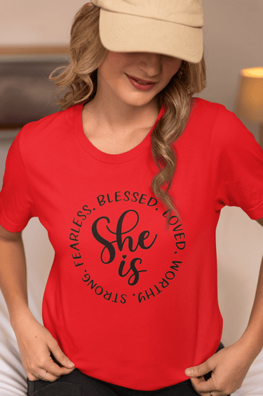 She Is... Strong, Fearless, Blessed & Worthy" Inspirational T-Shirt - Smooth Visage