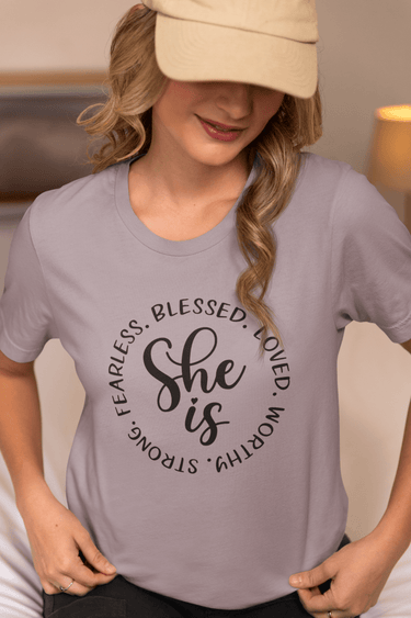 She Is... Strong, Fearless, Blessed & Worthy" Inspirational T-Shirt - Smooth Visage