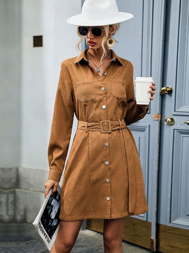Shirt style lapel long sleeve corduroy dress - Smooth Visage