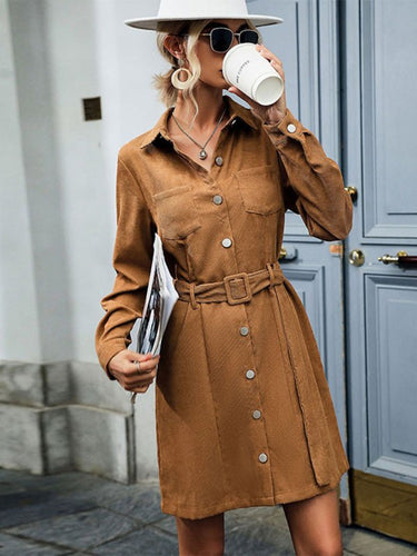 Shirt style lapel long sleeve corduroy dress - Smooth Visage