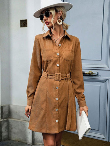Shirt style lapel long sleeve corduroy dress - Smooth Visage