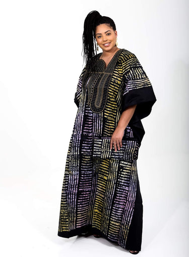 Smooth Visage African Print Adire Embroidery Design Boubou(BuBu) Rhinestone Kaftan Gown - Smooth Visage