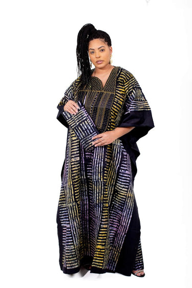 Smooth Visage African Print Adire Embroidery Design Boubou(BuBu) Rhinestone Kaftan Gown - Smooth Visage