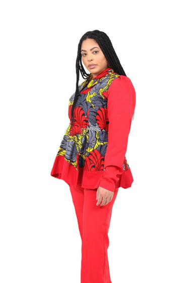 Smooth Visage Red Ankara Peplum and Crepe Pant Set African Print Clothing for Women - Smooth Visage