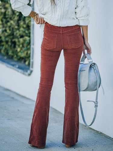 Solid Color High Waist Slim Flared Pants Corduroy Elastic Waist Casual Pants - Smooth Visage